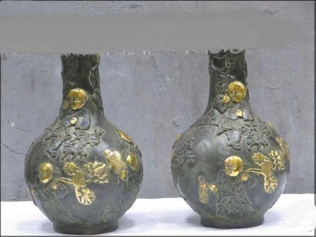 

10"Tibetan bronze good-looking boy - child Longevity shou tao Vase Pair