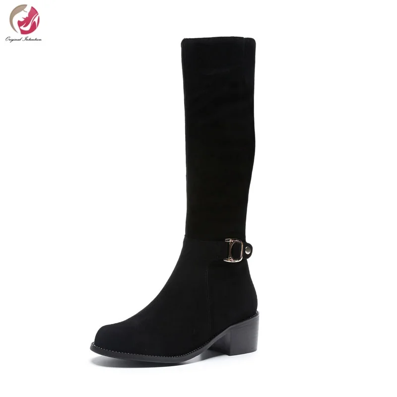 

Original Intention 2018 New Women Boots Suede Stylish Warm Round Toe Mid-Calf Mid Heels Boots Shoes Black Woman US Size 3-10.5