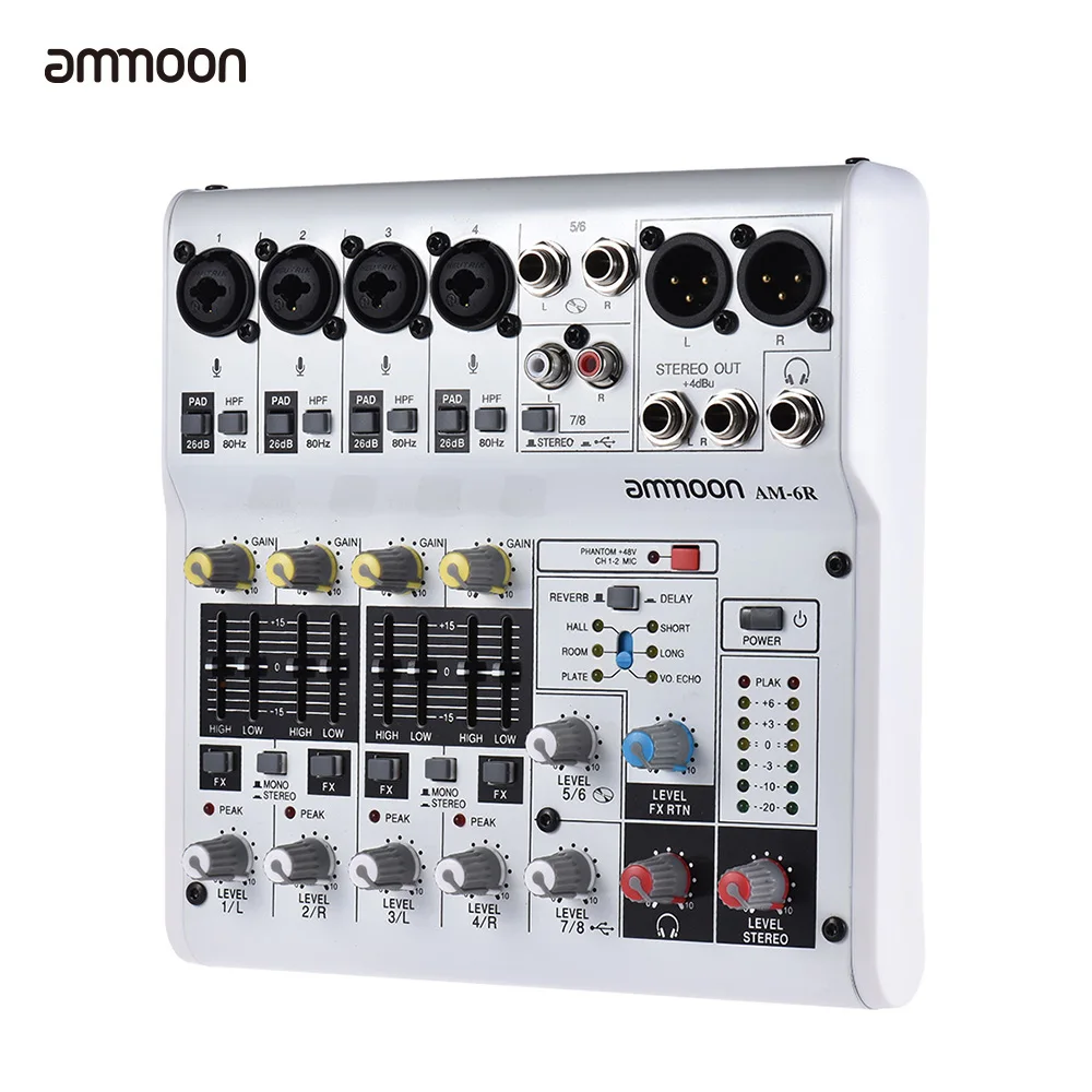 

ammoon AM-6R 8-Channel Mixing Console Sound Card Digital Audio Mixer Built-in 48V Phantom Power Support Powered by 5V Power Bank