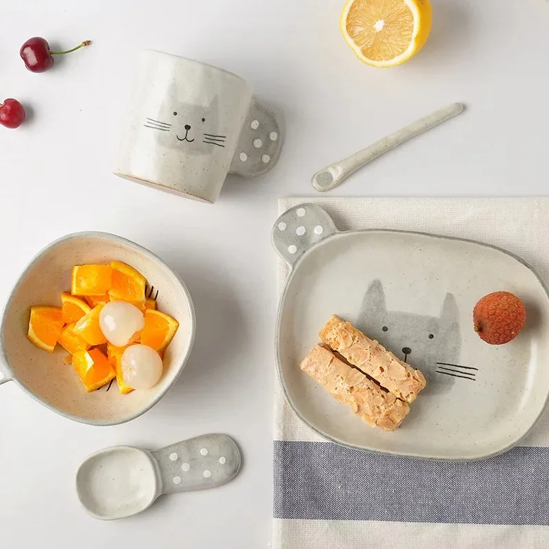 4 шт. Миска набор посуды мультяшная ручная роспись керамическая посуда ручной работы детская Милая чаша для завтрака детская посуда - Цвет: set