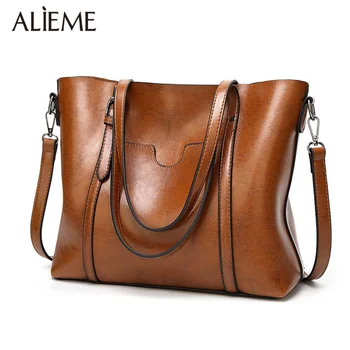 

ALIEME Vintage Handbag Women Shoulder Bag Female Bag High Quality Oil Wax Leather Tote Bags Red Black Brown Ladies Crossbody 98