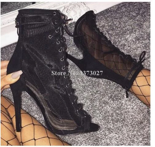 black mesh lace up booties