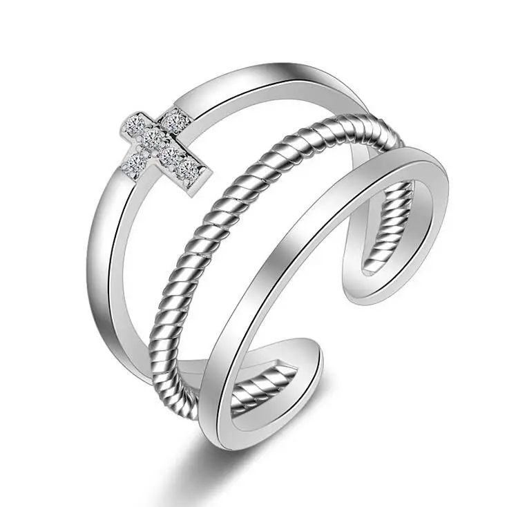 

2017 new arrival high quality fashion shiny crystal cross 925 sterling silver ladies`finger rings jewelry wholesale wedding gift