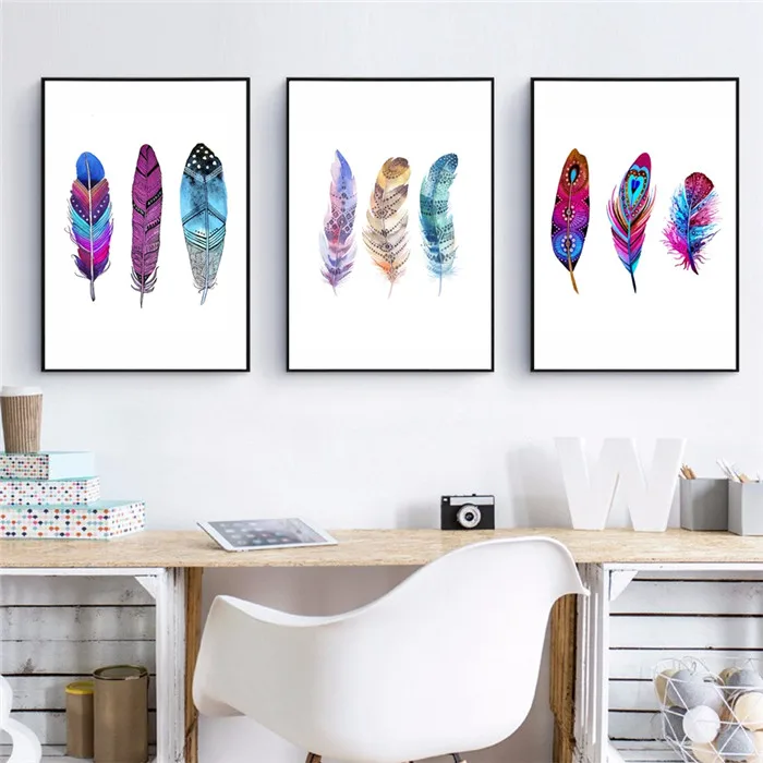 Watercolor-Colorful-Feather-Canvas-Art-Print-Poster-Hand-Drawn-Feathers-Native-Painting-Wall-Pictures-For-Home