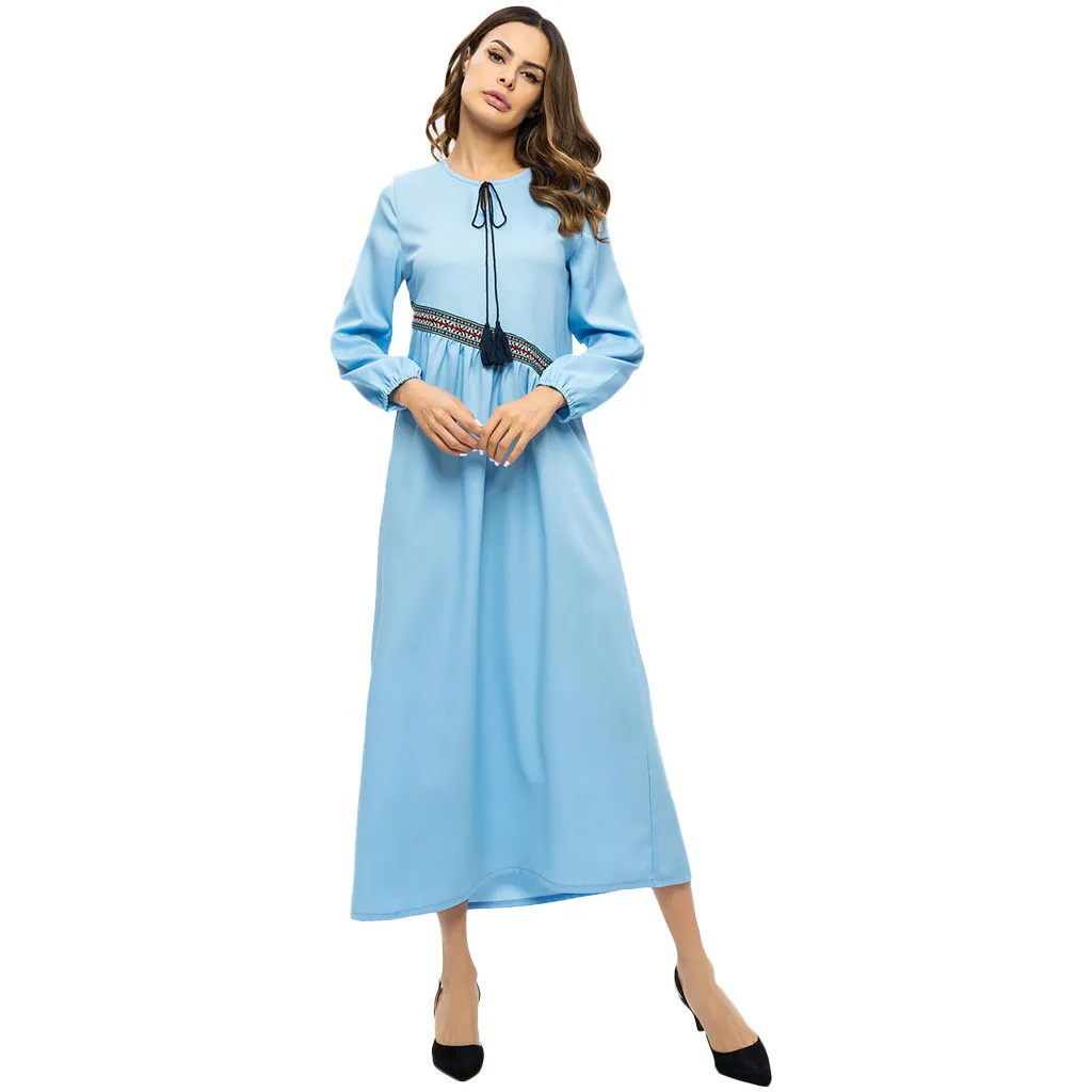 

2019 Women Plus Szie Muslim Blue Tie Bow Arab Dress Islam Jilbab Dress Muslim Women Long Sleeve Kaftan Maxi Dress L411A