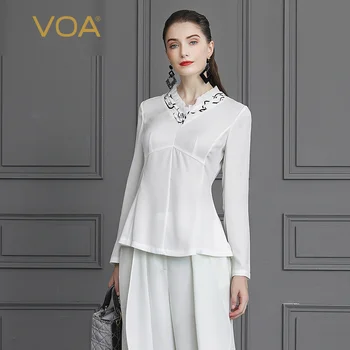 

Voa Silk White Office Ladies Tops Autumn Long Sleeve Women Large Size Elegant Rococo Slim Tunic Sweet B817 t Shirt