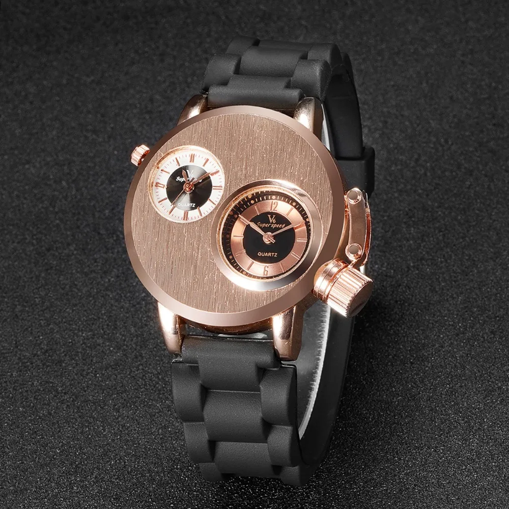 2016 Fashion Quartz Men Wristwatches Gusseisen Case Dual Quartz Movements 2 Dials Sport Silicon Band Military