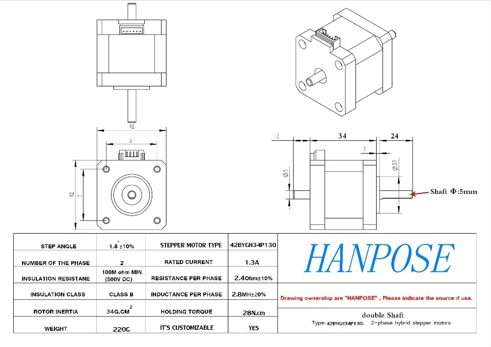 3pcs NEMA 17 Stepper motor double shaft 1.3A 28N.m dual shaft D=5mm 42x34mm Nema17 stepping motor For CNC machine 3D printer