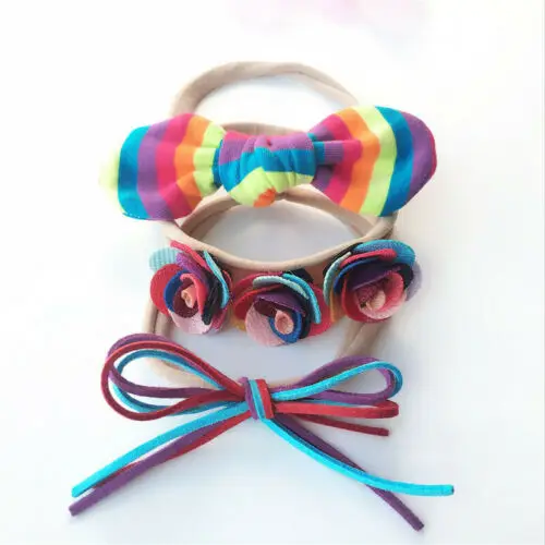 

Pudcoco Newborn Infant Baby Girls Headband Flowers Rainbow Print Headwear 3 Colors Bowknot Kids Elastic Linen Hair Bands 3PCs