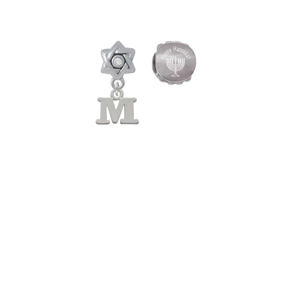Silvertone Small Initial - M - Happy Hanukkah Charm Beads (Set of 2)