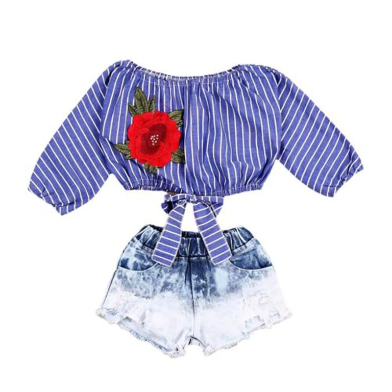 Fashion Kid Baby Girls Clothes Striped Crop Tops T Shirts Blouse Denim Short Jeans Pants Outfits | Детская одежда и обувь