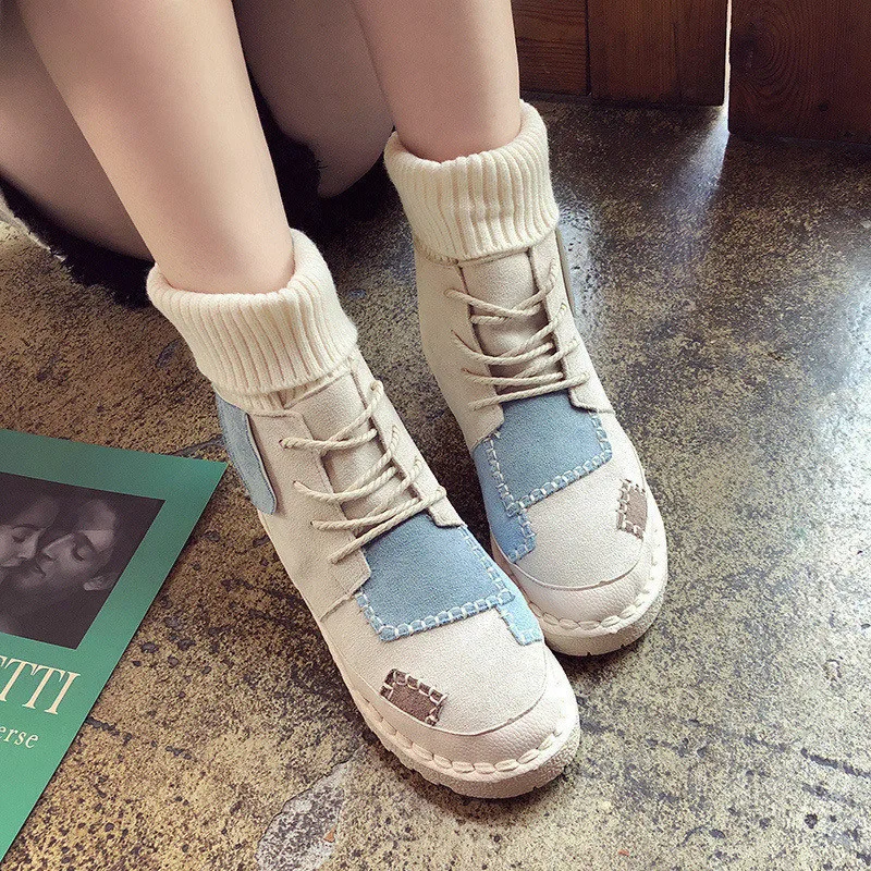 JINBEILEE Winter Wild High-top Canvas Lace-up Female Boots Cloth Wind Patch Fashion Boots Wpmen's Casual Walking Shoes