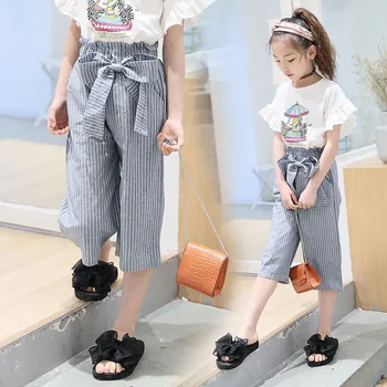 

2018 summer fashion teenage girls clothing sets t-shirt +striped pants bow two pieces kids outfit