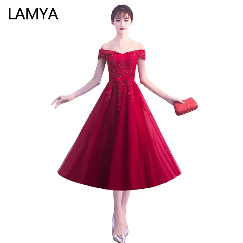 

LAMYA Customized Tea Length Prom Dresses Elegant Lace Boat Neck Banquet Formal Party Gowns vestido de festa longo