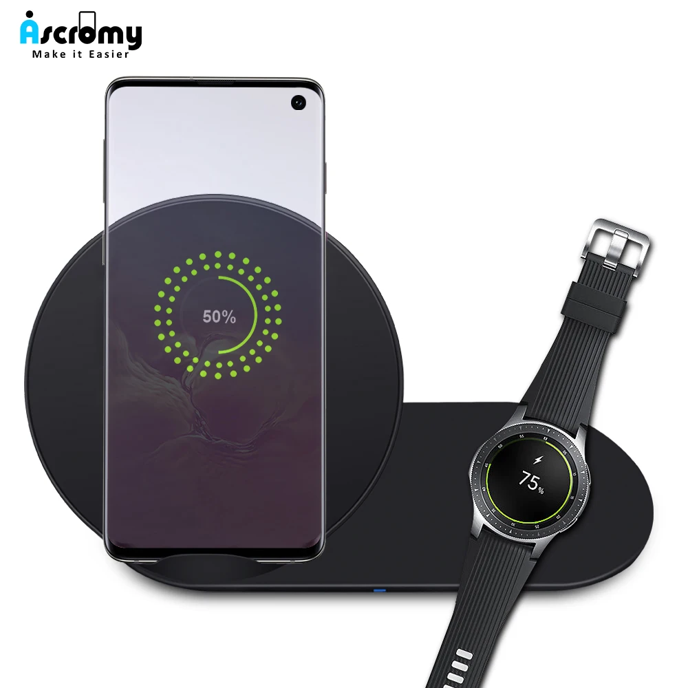 Ascromy беспроводное Qi зарядное устройство 10 Вт для Samsung Watch Gear S2 S3 S4 Galaxy S10 S9 S8 Plus S10E +