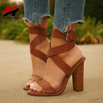 

NAN JIU MOUNTAIN 2019 Summer New Women's Sandals High Heels Cross Buckles Roman Shoes Thick Heel Temperament Black Brown