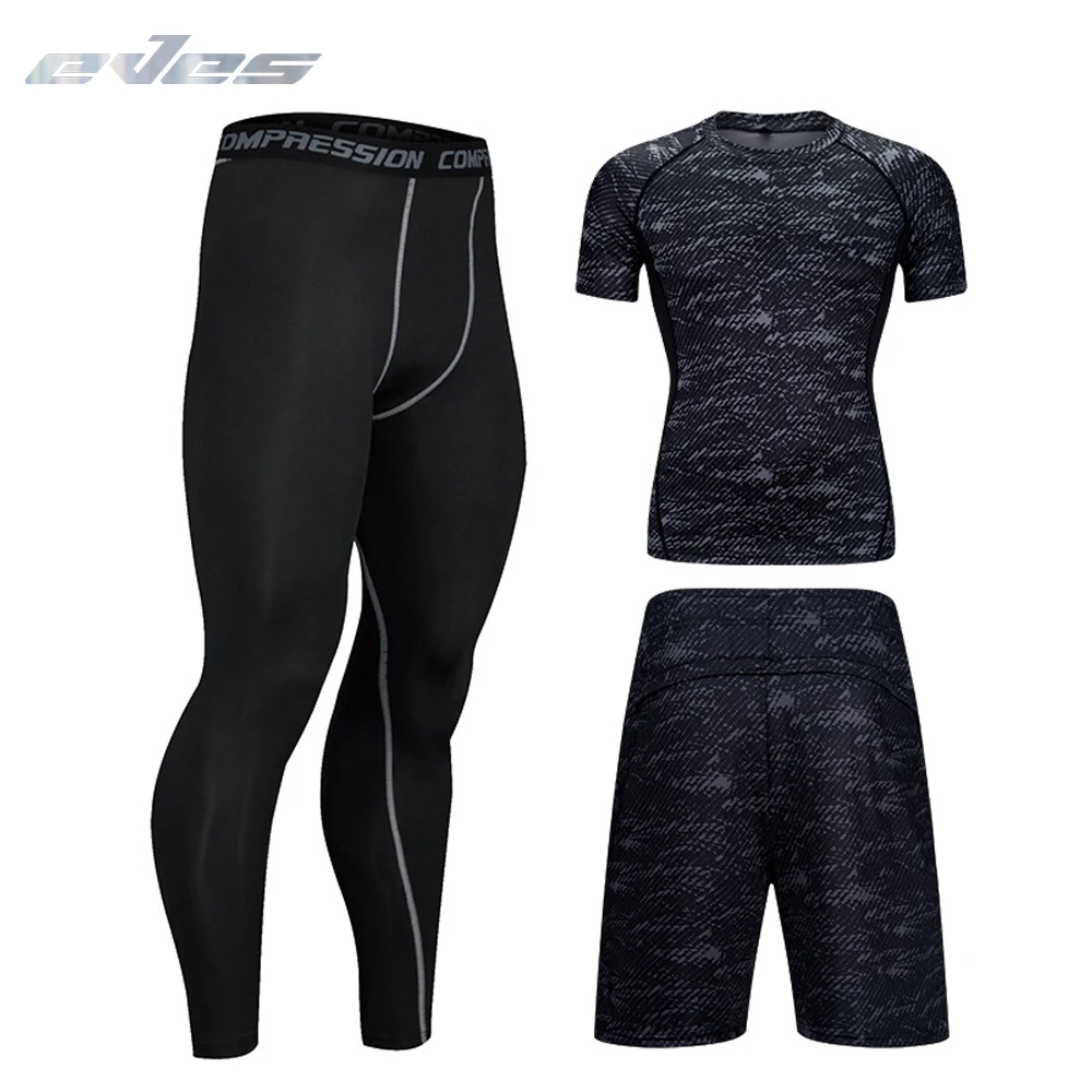

EVES 3pcs compression men shirt Sets Run jogging Suits Sports Clothes Long t-shirt Pants Gym Fitness workout Tights clothing