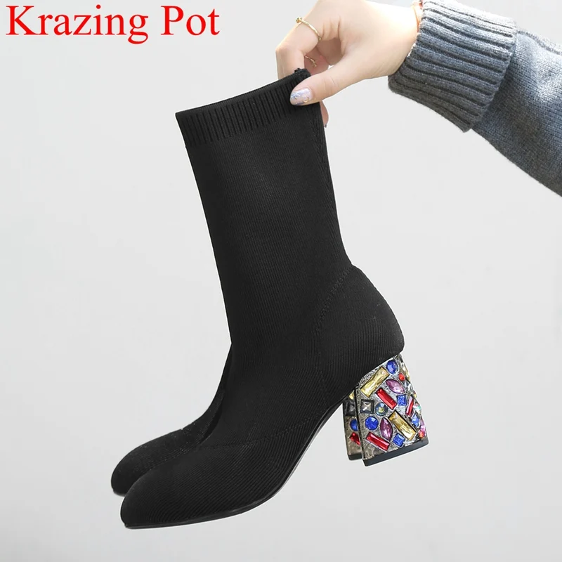 

2018 superstar pointed toe crystal knitting high heels mid-calf boots women strange style elegant office lady nightclub shoe L98