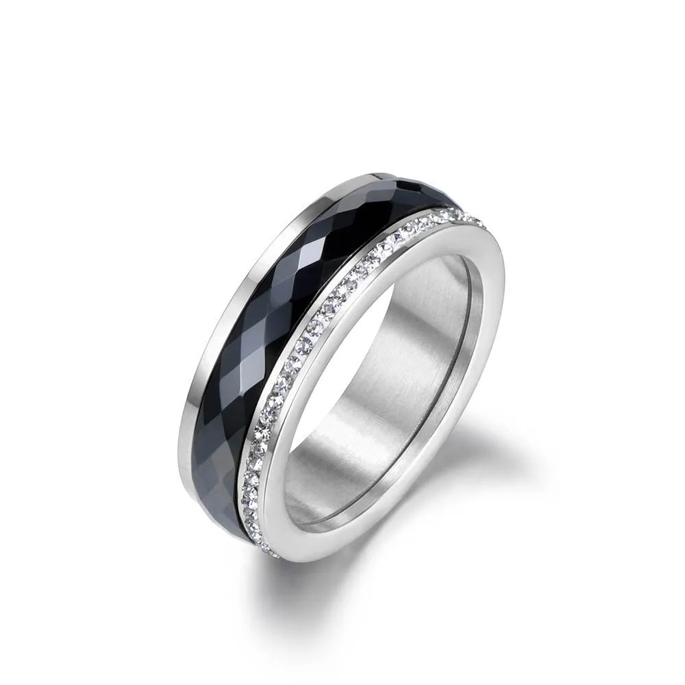AENINE Классическая титановая сталь черная керамика обручальные кольца ювелирные изделия розовое золото Кубический Цирконий обручальные кольца для женщин AR18013 - Цвет основного камня: Silver