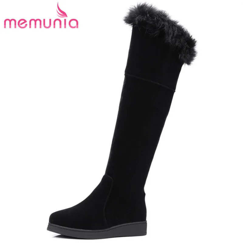 Goedkoop MEMUNIA Flock black zip knie hoge laarzen in de winter lange schoenen platform vrouwen laarzen ronde neus konijn haar big size 34 43
