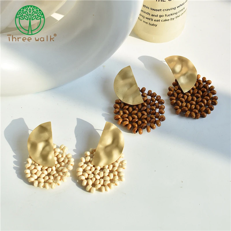 

2019 New Arrival Dangle Earring Wooden Beads Big Vintage Weave Earrings Retro Jewelry Gift for Girls Wholesale