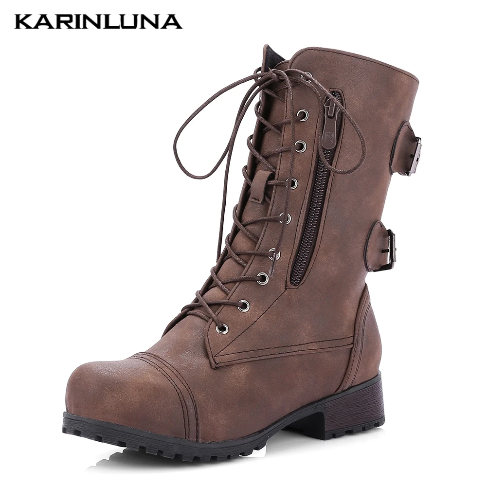 

Retro Large Size 35-43 Cool Shoelaces Belt Buckle Fashion Chunky Heels Women Shoes Woman Leisure mid-calf Boots Women Boots