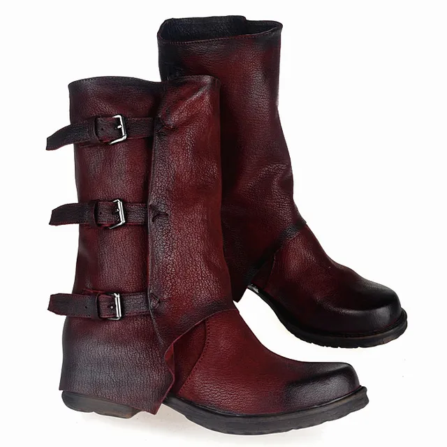 Genuine Leather Women's Round Toe Low Heel Buckles Handmade Casual Mid Calf Boots Genuine Leather Women's Round Toe Low Heel Buckles Handmade Casual Mid Calf Boots