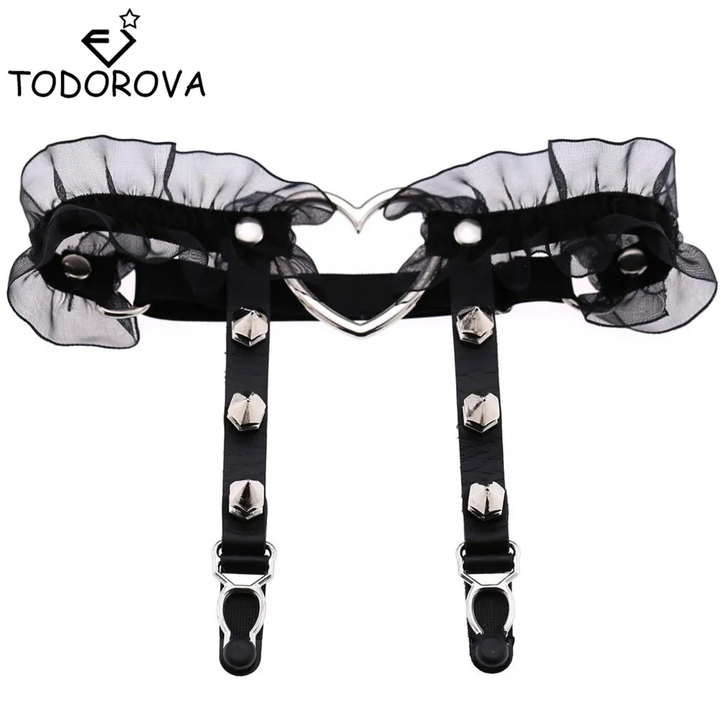 

Todorova Sexy Lace Elastic Flower Garter Handmade Lolita Kawaii Big Heart Leather Leg Garter Ring Belts Spikes Thigh Harness