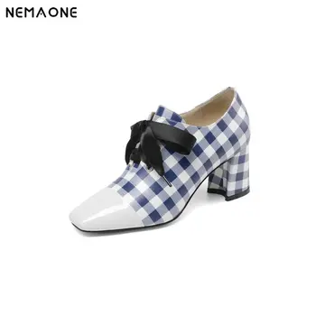 

NEMAONE Genuine Leather high heels shoes woman black blue grid lace up women pumps Spring Autumn Women Shoes large size 43