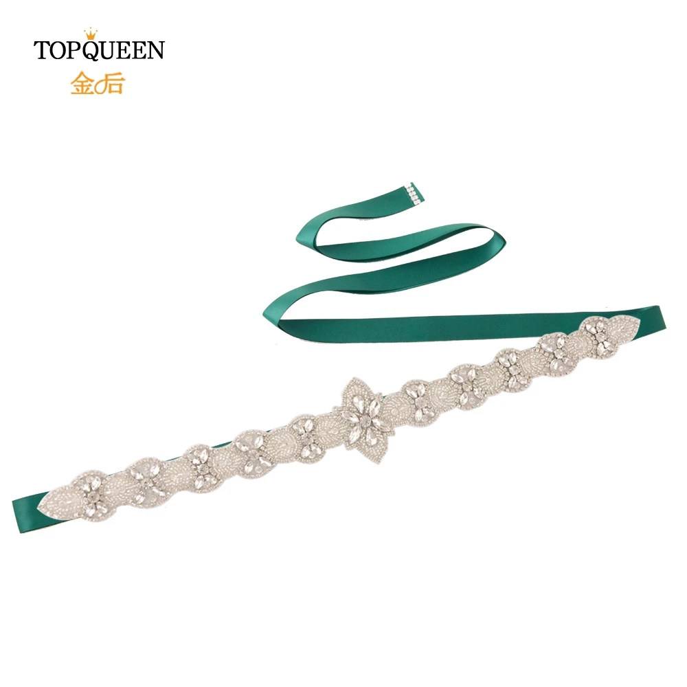 Green TOPQUEEN S411 crystal beaded wedding belt rhinestone sashes belts bridal belt for wedding dress belt fashion belt - Цвет: Green