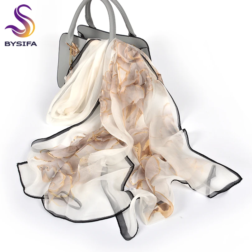

[BYSIFA] Female Spring White Chiffon Silk Scarves New Floral Design Long 100% Silk Scarf Shawl Autumn Winter Women Neck Scarf