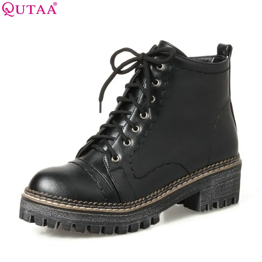 

QUTAA 2018 Women Ankle Boots PU Leathersquare Heel Solid Black Round Toe Fashion Lace Up Women Motorcycle Boots Size 34-43