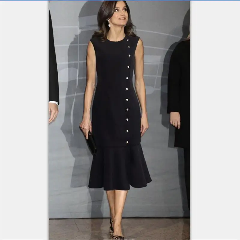 

Women Runway Dress 2019 High Quality O-Neck Sleeveless Single Breasted Slit Mermaid Elegant Dresses NP0296CK