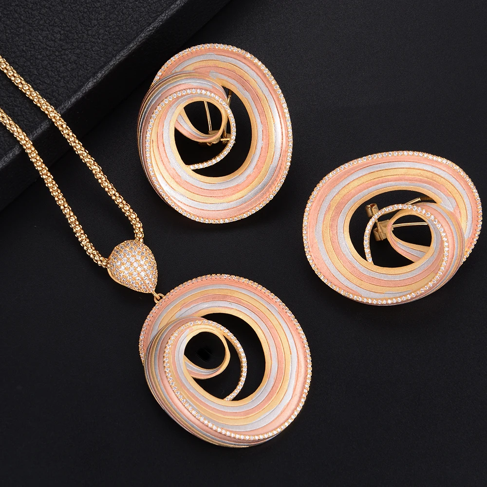 

GODKI Exclusive 3 Tone leaves Flower Luxury Women Wedding Naija Bridal Cubic Zirconia Necklace Earring Dubai High Jewelry Set