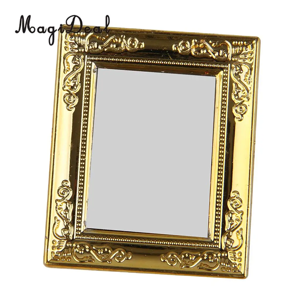 MagiDeal Fashion Design 1Pc 1/12 Scale Dollhouse Golden Frame Mirror for Dolls Miniature Bathroom Furniture Kids Classic Toy