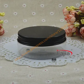 

150g clear PET Can Aluminum Jar Candy Box Plastic Jar Custom Packaging Metal Can 150ml Container with bladk aluminum lid