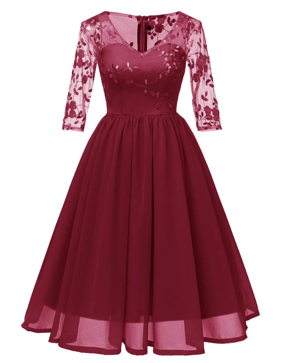 

V-neck Long Sleeve Burgundy Embroidery Cocktail Dresses Robe Chiffon Elegant Party 2019 Short Vestidos Homecoming Dress