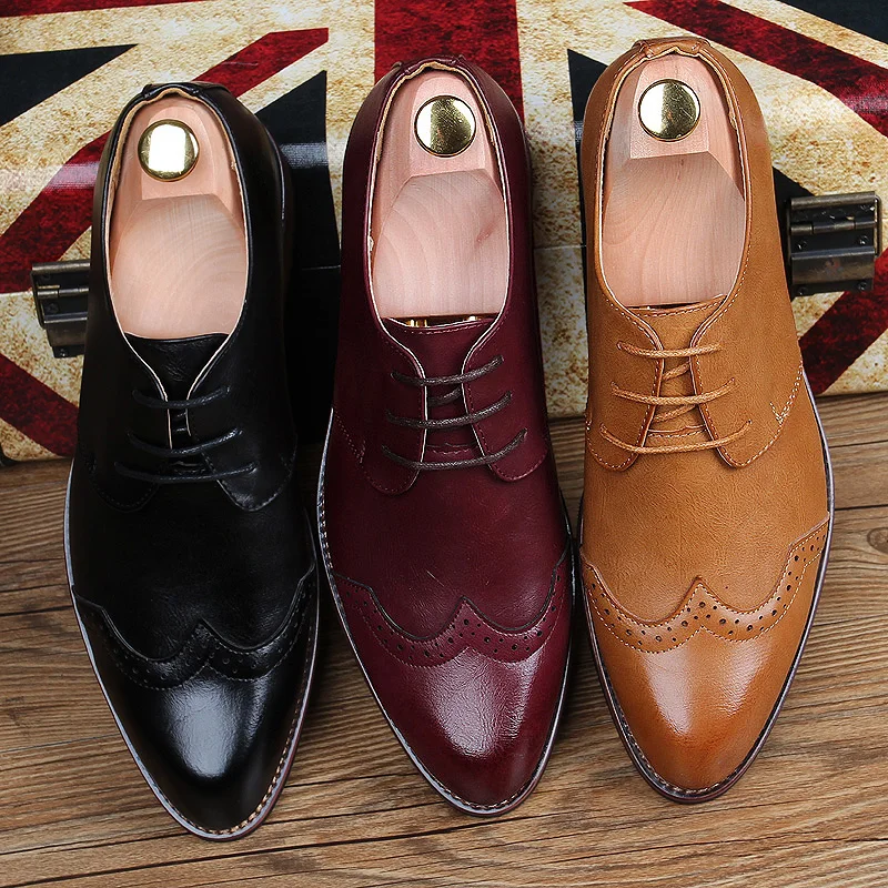 

Fashion Brockden Pu Leather Commercial Casual Male Shoes Men Trend low-top Pointed Toe Oxfords Shoes Square Heel Carve
