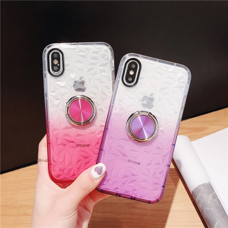 

Gradient Transparent Soft TPU Case For iPhone XMAX X XS XR Diamond Pattern Cover For iPhone 6 6s 7 8 Plus With Finger Ring Coque