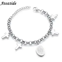 Atoztide Шарм Крест Браслеты для женщин из нержавеющей стали медальон Дева Мария Регулируемый СЛВ круглая цепочка браслеты