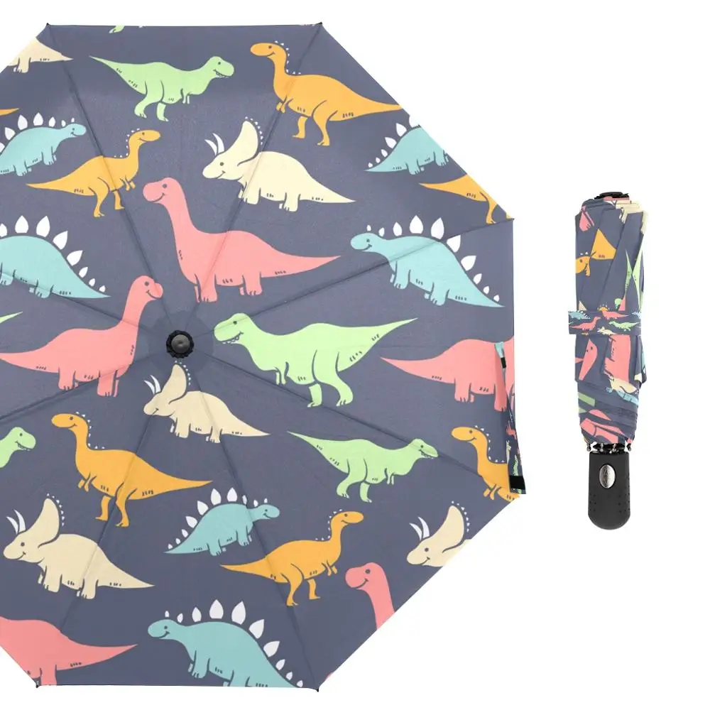 Полностью автоматический тройной складной зонт с принтом динозавра, детский автоматический открытый и закрытый ветрозащитный зонт