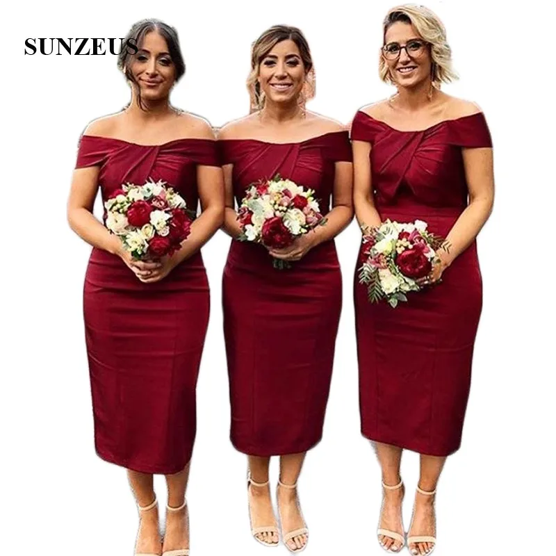 Dark Red Short Bridesmaid Dresses 2018 Sheath Knee Length Wedding