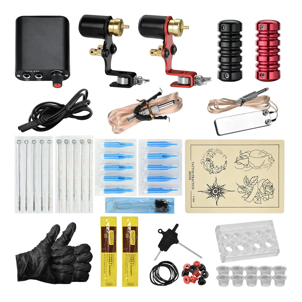 

Tattoo Kit 2 Professional Tatuagem Maquina De Tatuar Kit Completo Red Rotary Tattoo Gun Set Black Power Supply Clip Cord