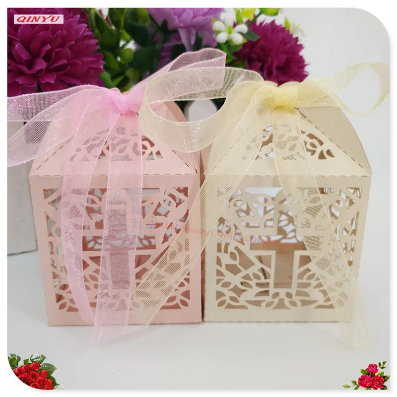 10Pcsset  Cross shape Laser Cut Hollow Carriage Favors Gifts Candy Boxes With Ribbon Baby Shower Wedding Party Supplies 5Z (21)