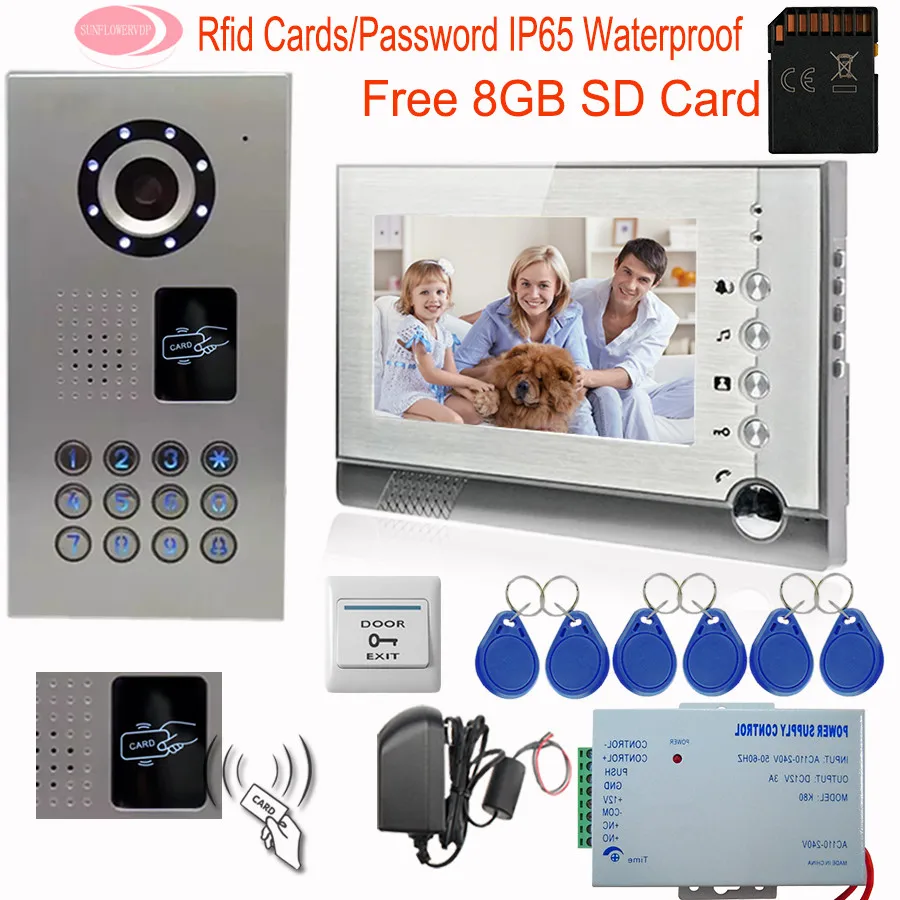 

SUNFLOWERVDP Video Intercom With Recording 8GB SD Memory Card Diy Kit Inductive Card Home Video Door Phone 7'' IP65 Waterproof