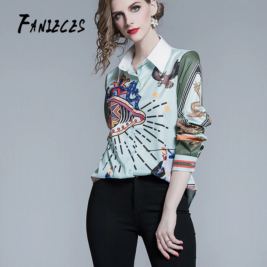 

Luxury Autumn Summer womens tops and blouses Print Runway Shirt High Quality Brand Elegant Long Sleeve Turn Down Collar Blouse