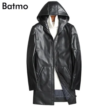 

BATMO 2018 new arrival winter high quality sheepskin white duck down hooed jackets men,men's warm real leather coat,99017