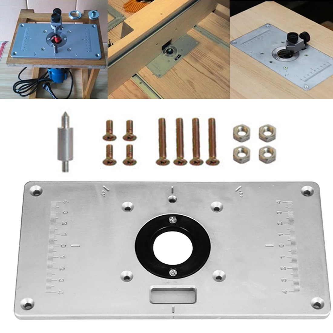 

Multifunctional Aluminum Router Table Plate 4 Router Insert Rings Screws for Woodworking Benches