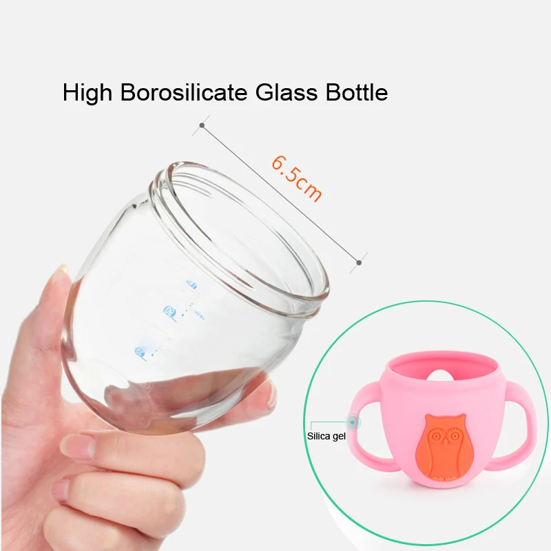 MMBABY Baby Bottles High Borosilicate Glass Cute Cartoon Feeding Bottle for Milk Water with Silicone Handle