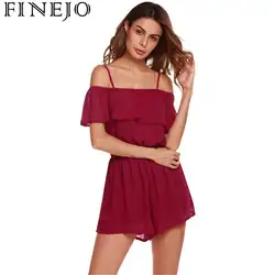 FINEJO Playsuit Ползунки Для женщин пикантные вечерние плечо холодного Для женщин рябить рукав твердых шифоновая короткая клуб Пляж Новая летняя